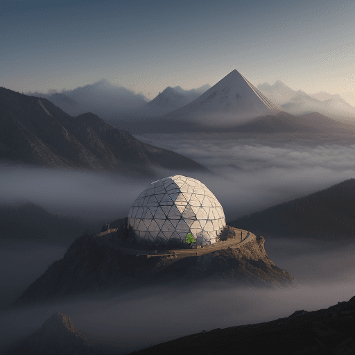 AI generated: a geodesic dome on top of a mountain in the early morning with mist anf fog