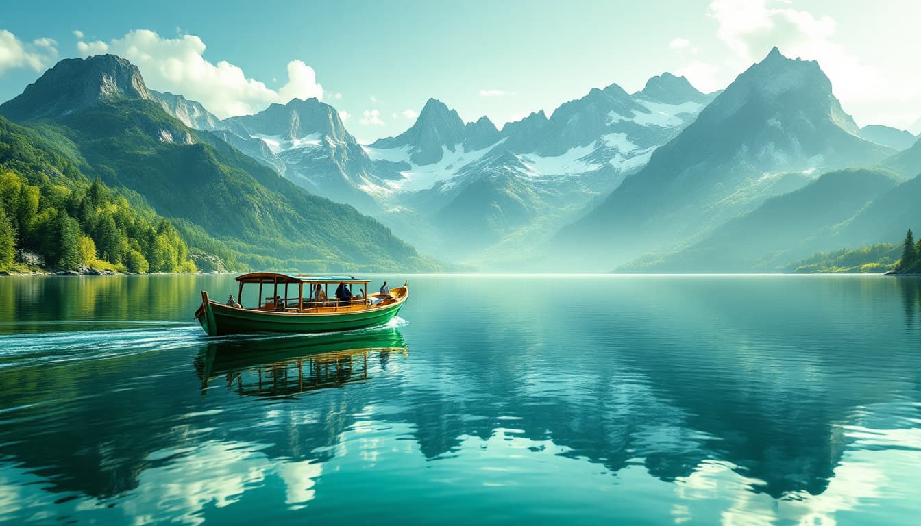 AI generated: Imagem de barco verde amadeirado em lago calmo, com montanhas cobertas de névoa no horizonte.  Barco...