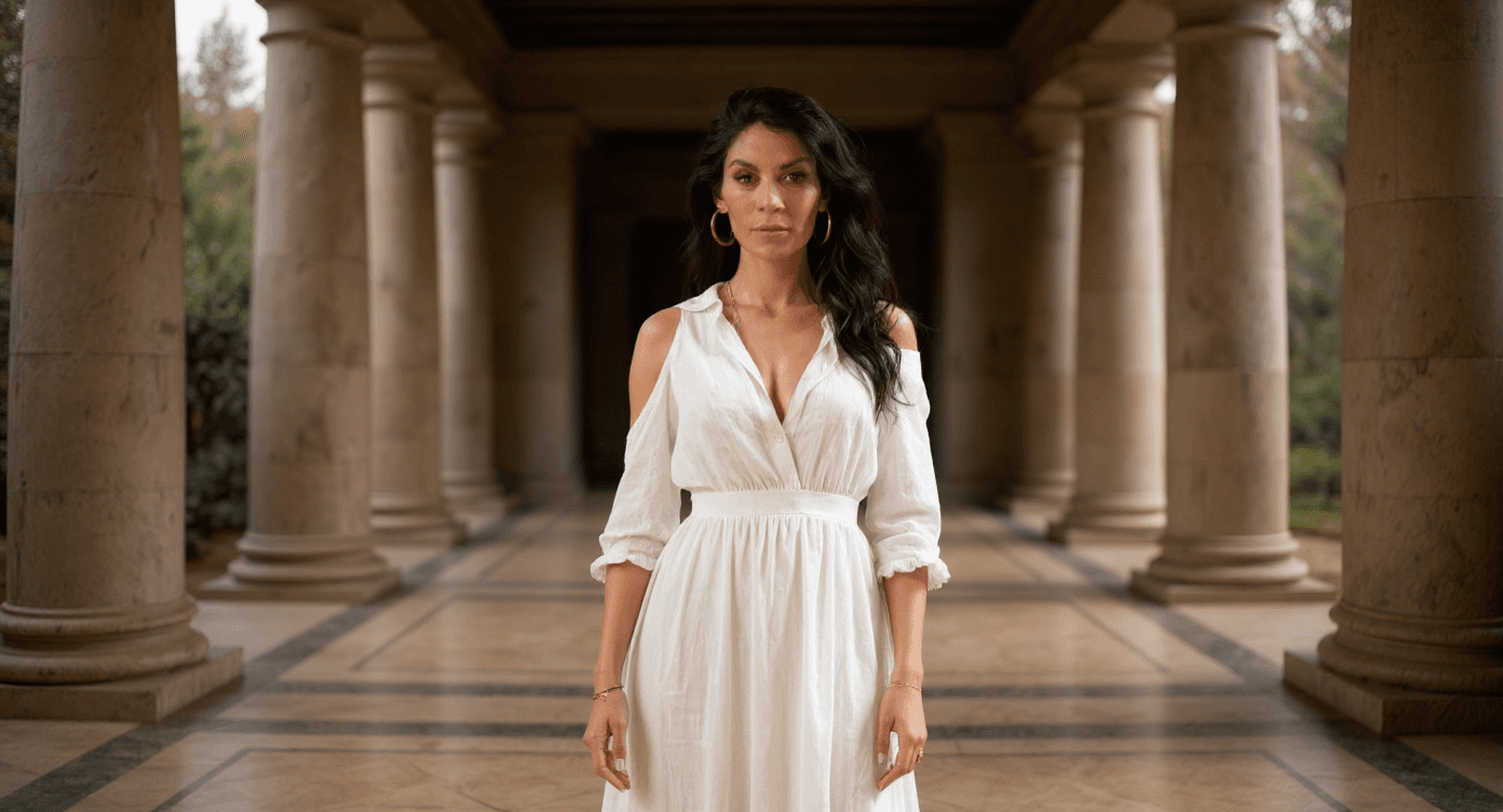AI generated: A photo of a 20 year very atractive greek queen, super exposing queen clothes, young, natural, neckl...