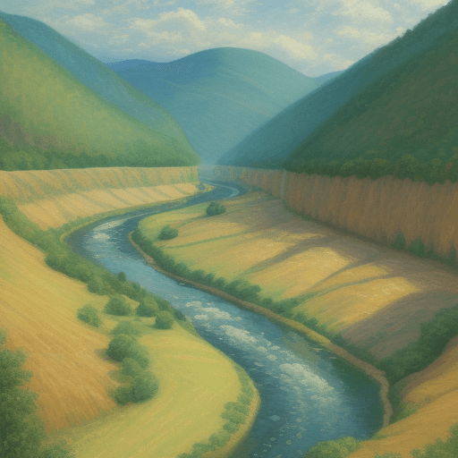 AI generated: An illustration of a river winding through a valley in style of impressionism