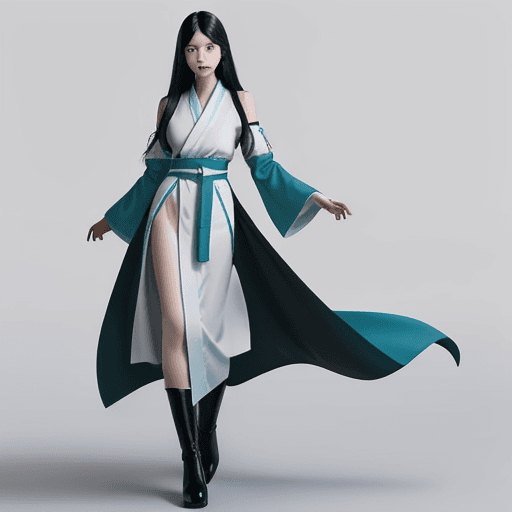 AI generated: young fair asian woman, tall and slender figure, long flowing black hair reaching down her back,  bi...