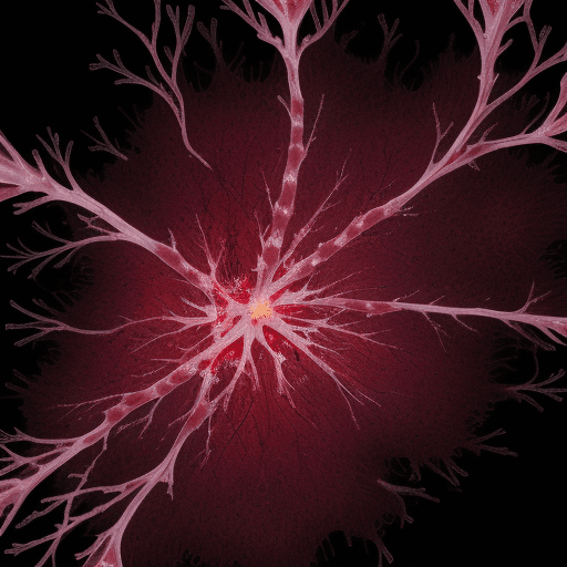 AI generated: 2D image a neurons with maroon colors dendrites engaged in serious think and begining to catch on fi...