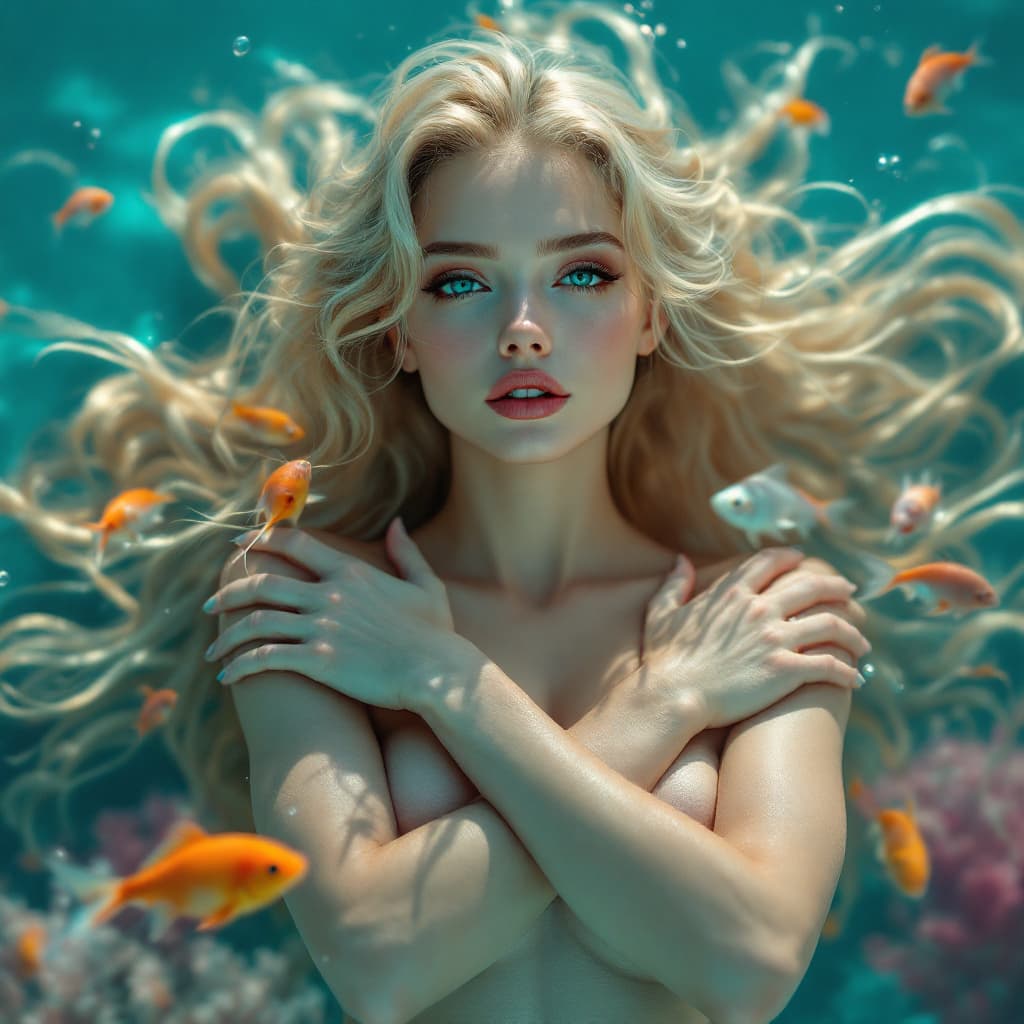 AI generated: A (((full body))) photo shot of a gorgeous vulnerable cute (mermaid) blonde with blonde hair, (cross...