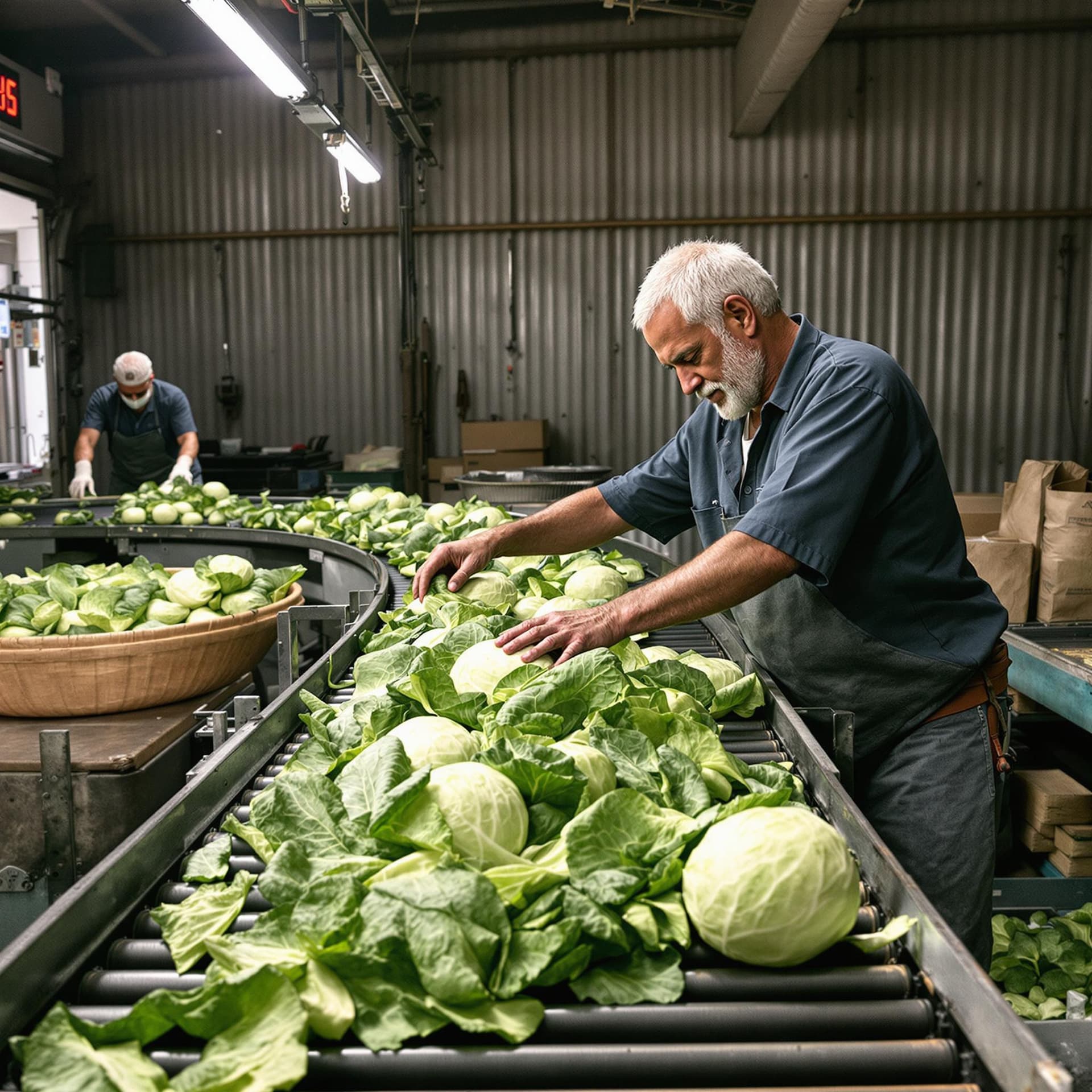 AI generated: In the photo there is a white-skinned man working at a conveyor belt along which cabbage is moving.
...