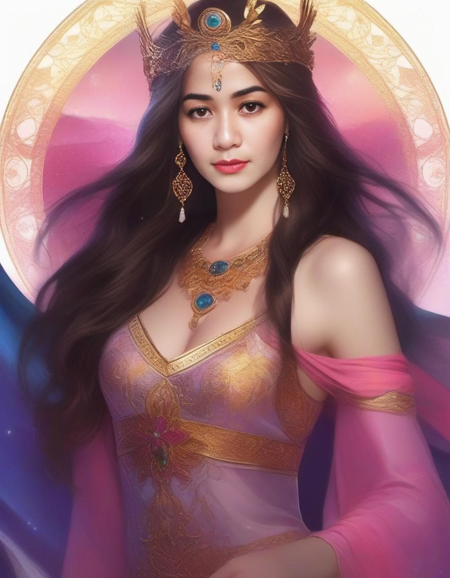 AI generated: 1 girl 20 years old, 1 goddess Athena, pink and purple silk dress with cleavage, beautiful face of g...