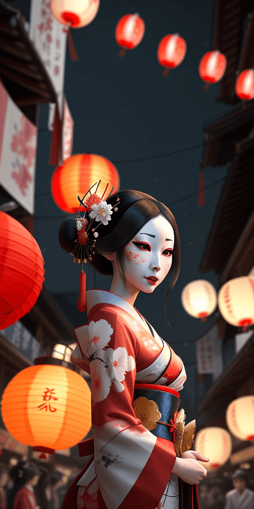 AI generated: An ethereal Geisha amidst a festival night, paper lanterns illuminating the lively streets, a vibran...