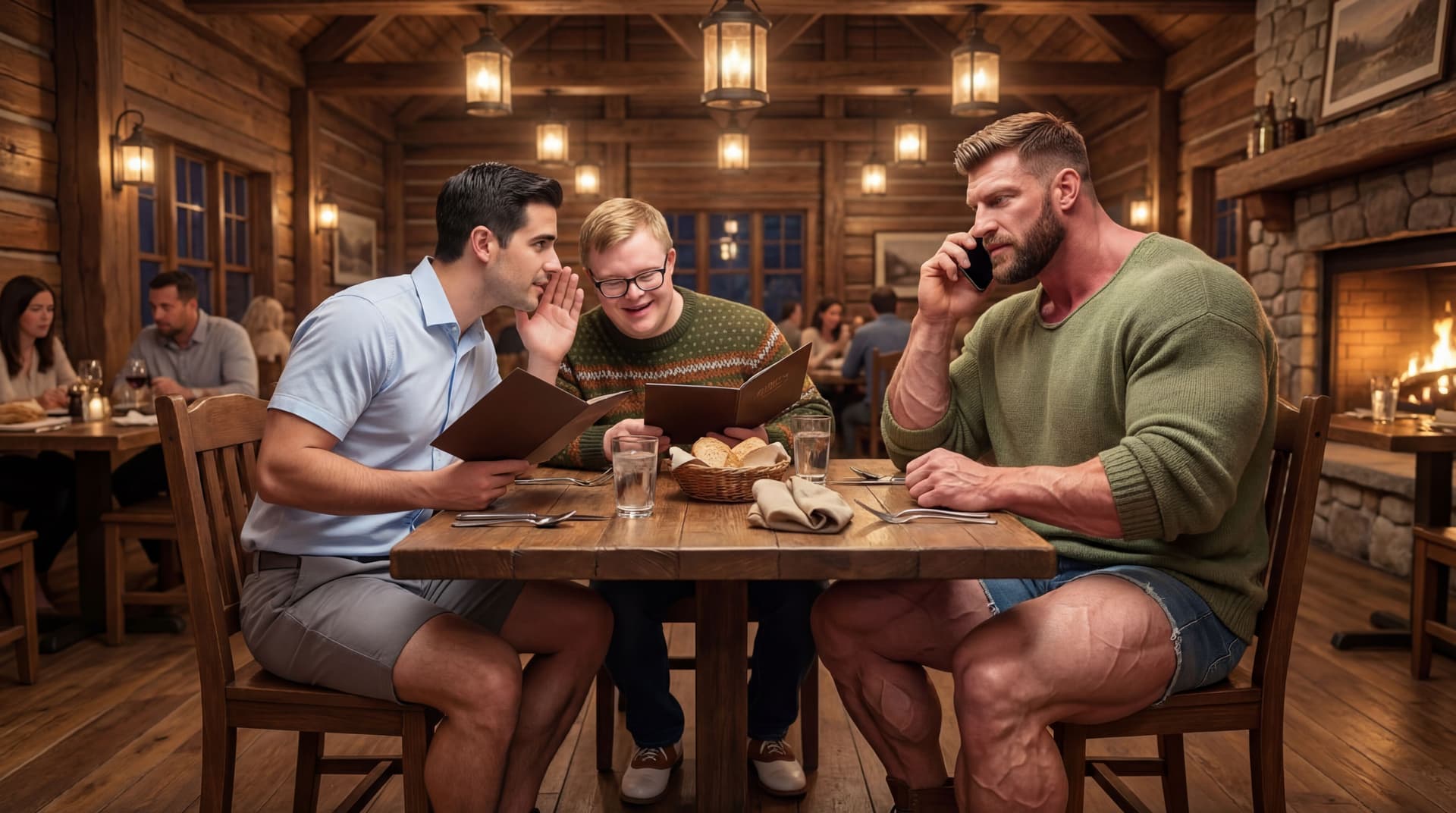 AI generated: At a big and nice Steak House restaurant. The decor is a cabin look. There are a few people in the r...