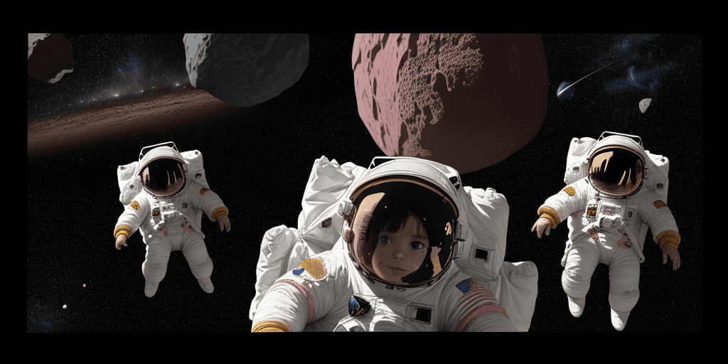 AI generated: Children in astronaut clothes that fill the entire page and some asteroids drawn around the picture....