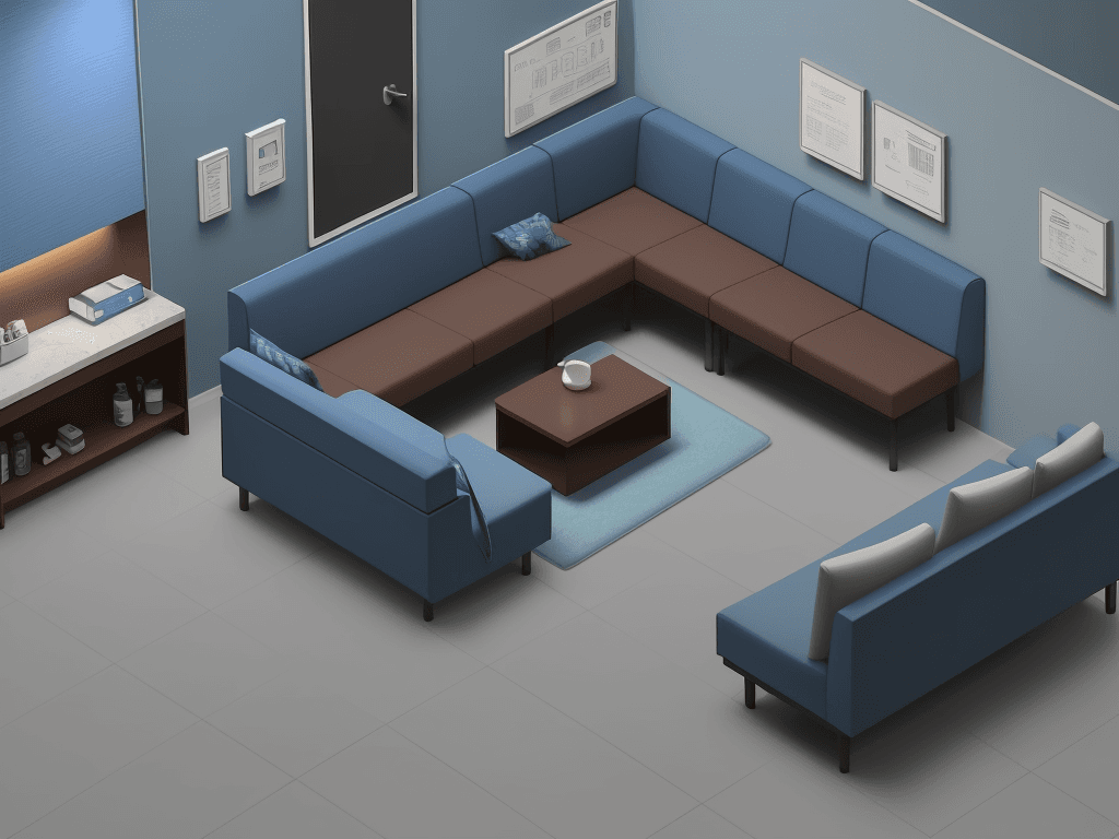 AI generated: medium rest room, in a blue tone, with sofa, bench with coffee, simple corporate environment, televi...