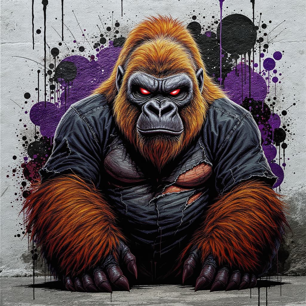 AI generated: Ultra detailed dark urban graffiti illustration of a sinister gorilla, sitting front-facing, golden ...