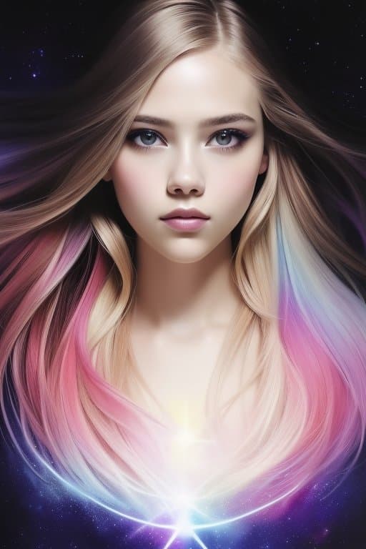 AI generated: ultra realistic photo portrait of Scarlett Leithold cosmic energy, colorful, painting burst, beautif...