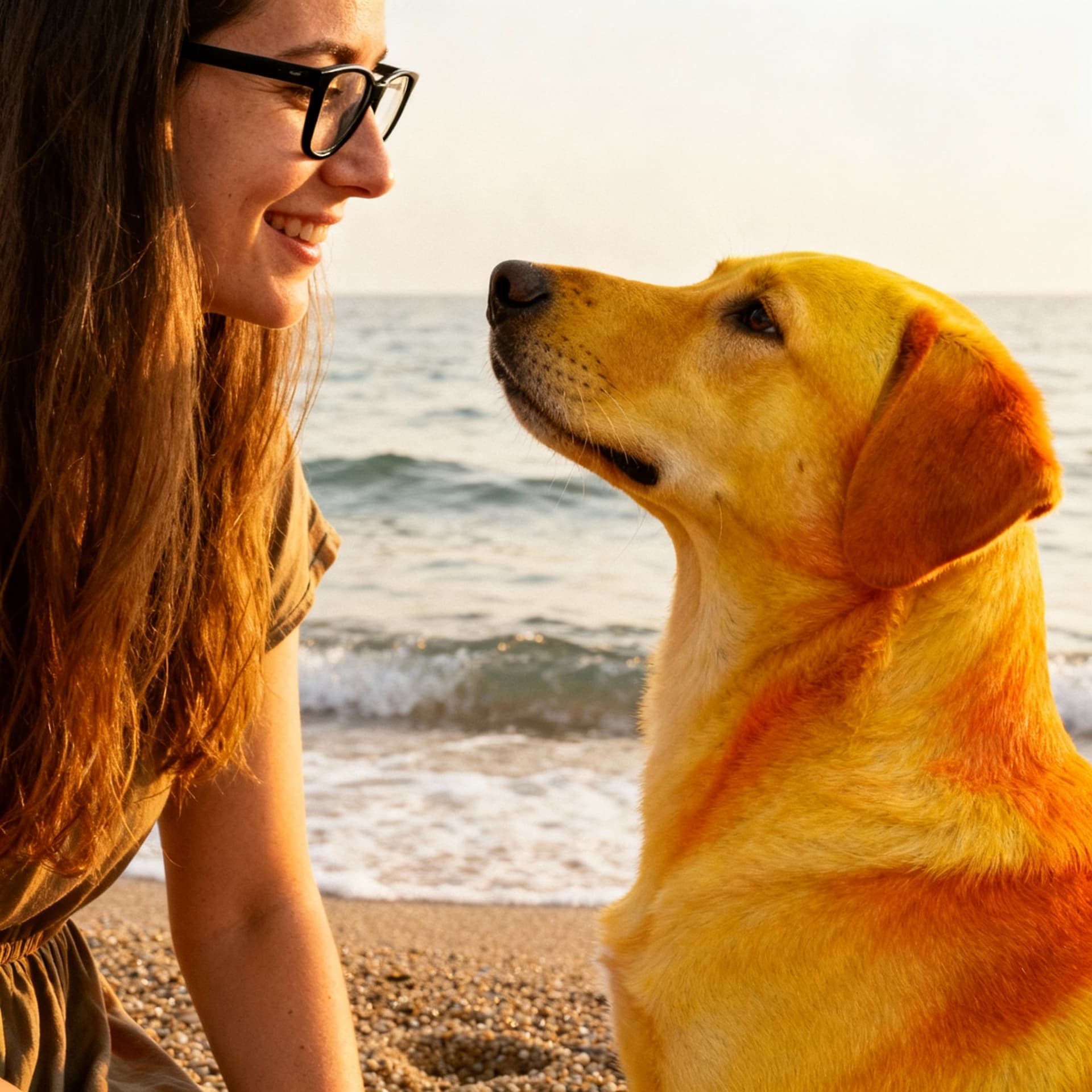 AI generated: a dog yellow orange with the sea of his owner a women with with hair and black glasses
