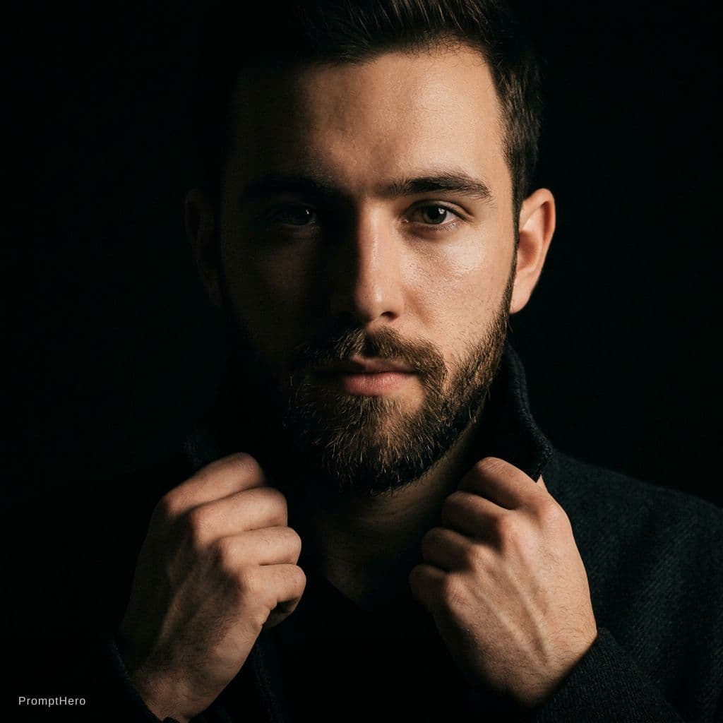AI generated: A dramatic low-key portrait of a young man with a neatly groomed beard, standing against a completel...