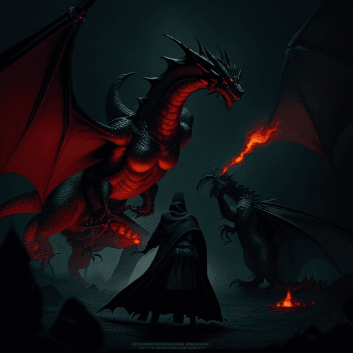 AI generated: Retro Dark Fantasy Gothic Style with grainy background, Hooded Cloak Figure battles an evil dragon, ...