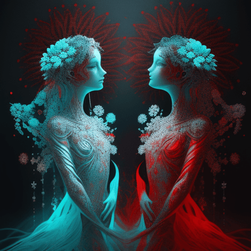 AI generated: abstract Intricate figures with daisy flowers, poetic, turquoise; red, magical, glow, ethereal, blac...