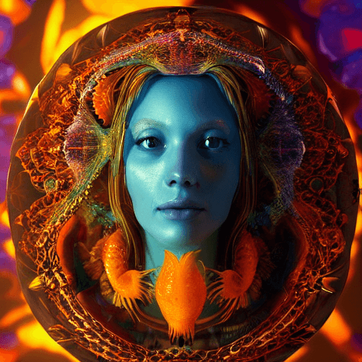 AI generated: Goddess close-up portrait ribcagel. jellyfish phoenix head, nautilus, orchid, skull, betta fish, bio...