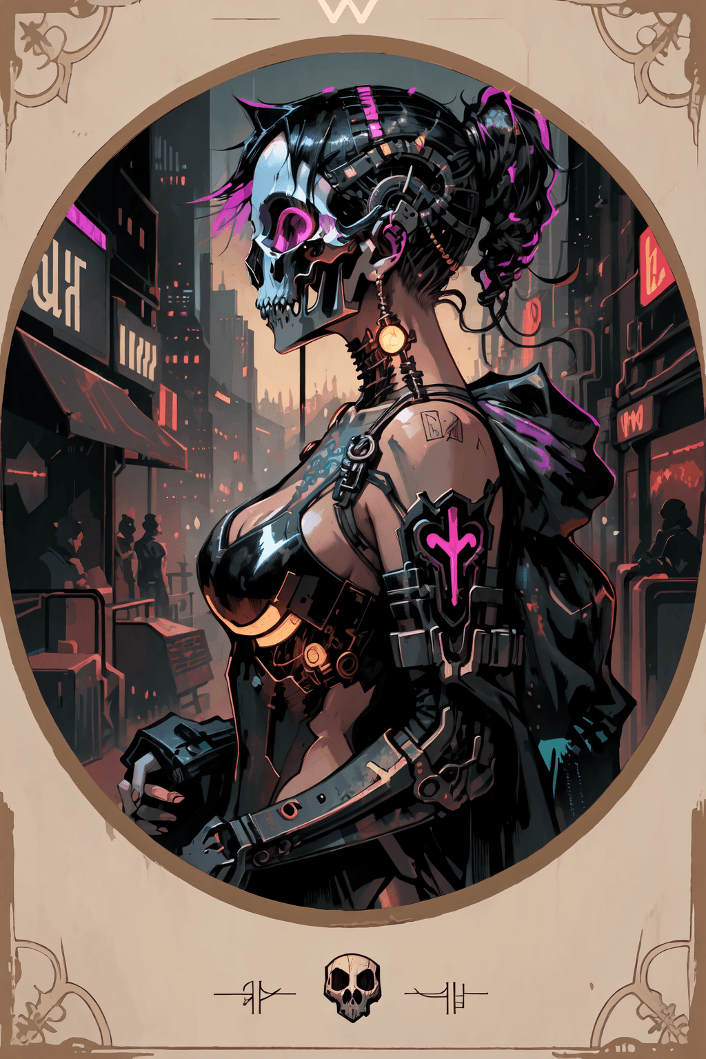 AI generated: tarot card with intricate detailed frame around the outside |side profile of cyberpunk body with cyb...