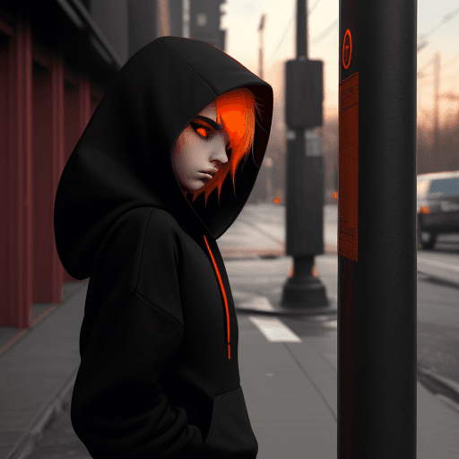 AI generated: side view beautiful emo girl in black hoodie one hood down with orange highlights. red eyes looking ...