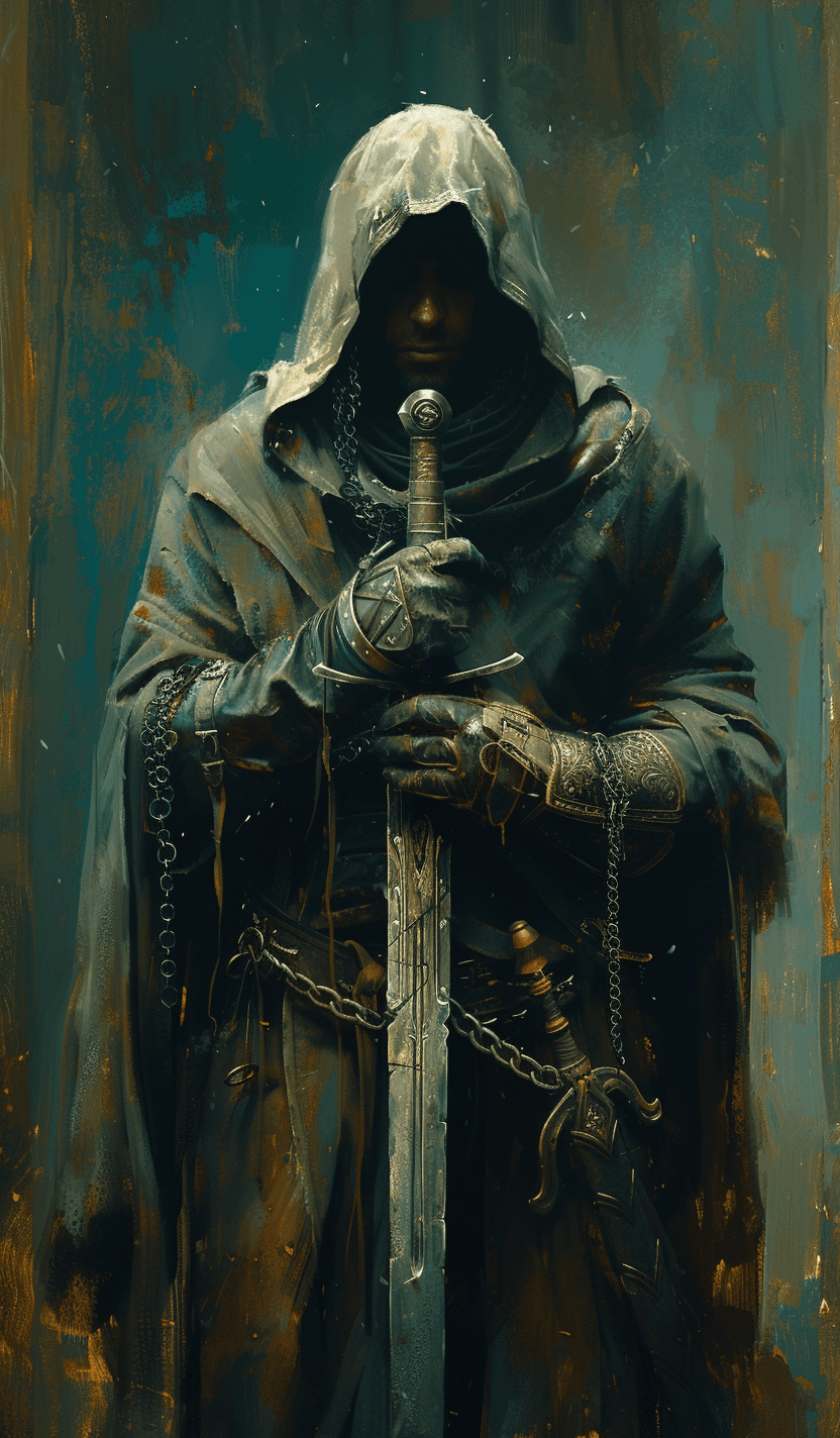 AI generated: painting of a knight holding a sword, in the style of subdued color palette, high detail, character ...