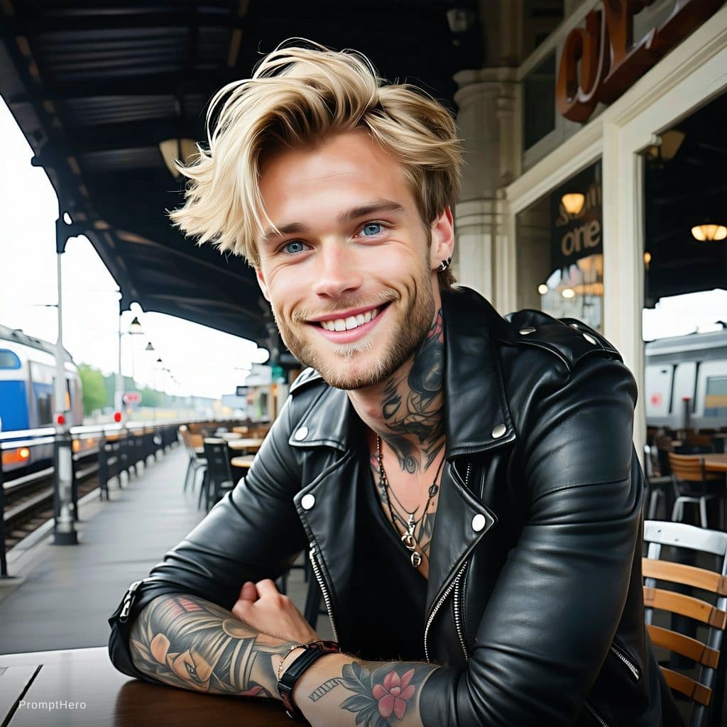AI generated: a  blond hair, wry smile, blue eyes, tattooed, leather jacket, sitting on the terrace of a café, lea...
