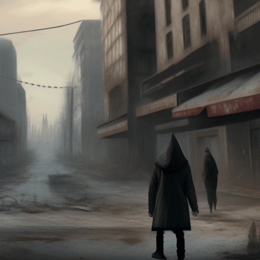 AI generated: Realistic image of Ruined post-apocalyptic city. Hooded person from the back.