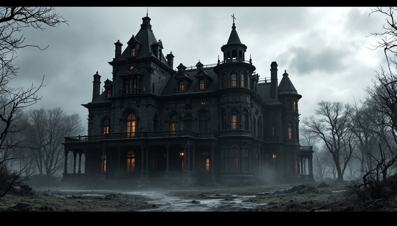 AI generated: scary 6-story grand mansion, black exterior walls, prison atmosphere, bars on windows, depressing da...