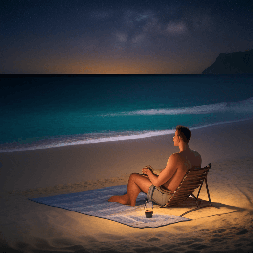 AI generated: Photo of man relaxing  on the beach AT night,hyperrealistic,4k