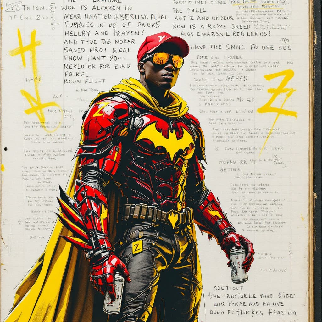 AI generated: Hyper real Concept art, a lot of text, a sheet of the A Black man in a red baseball cap backwards, y...