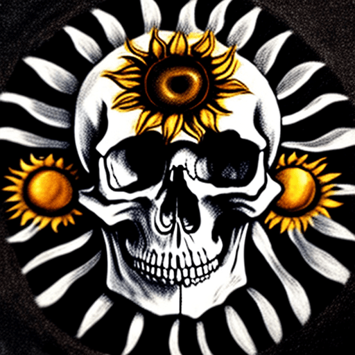 AI generated: A skull with tousands flowers in eyes, looking the sun in the black sky