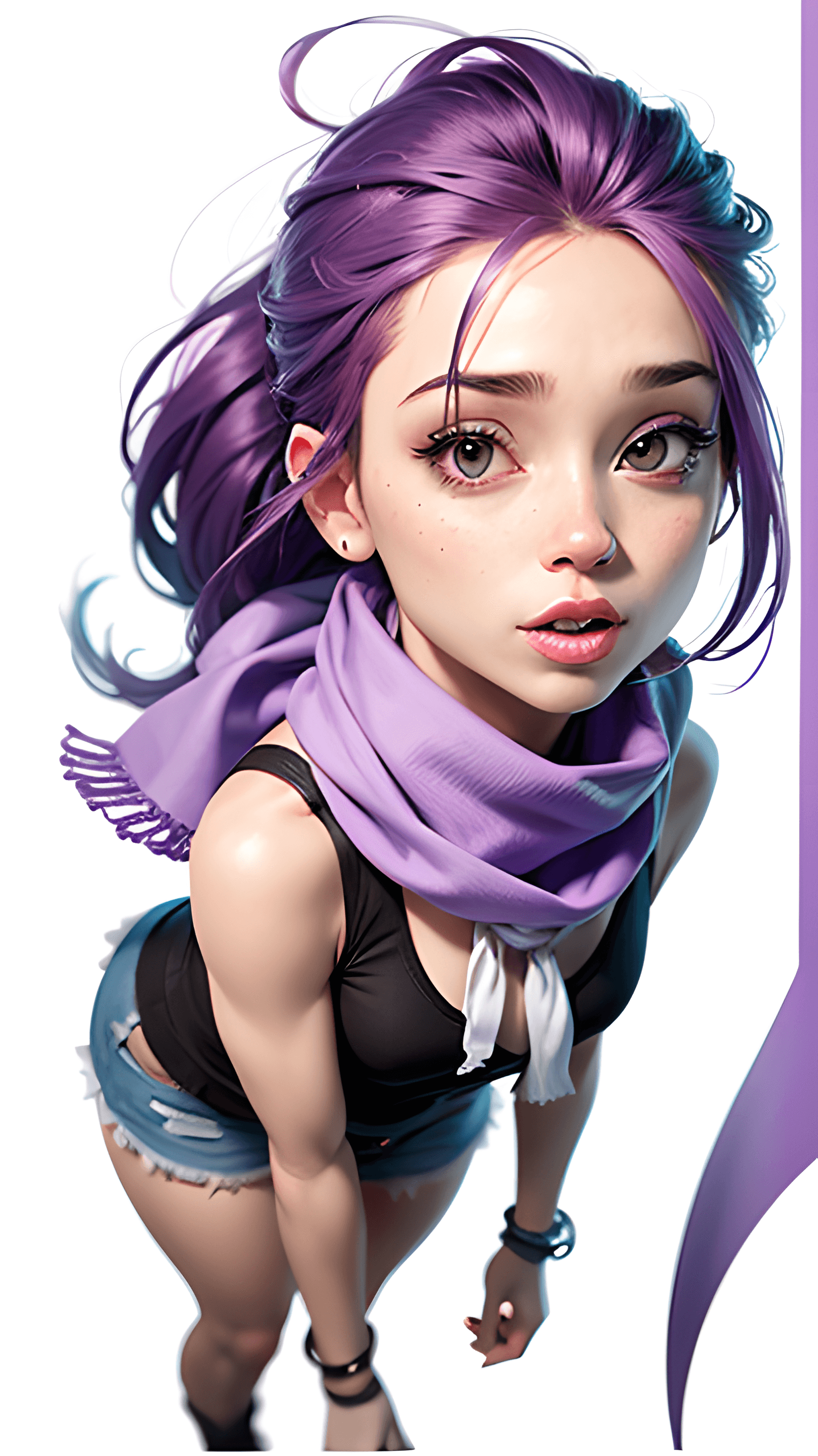 AI generated: a cartoon character with purple hair and a scarf around her neck, with a white background and a whit...