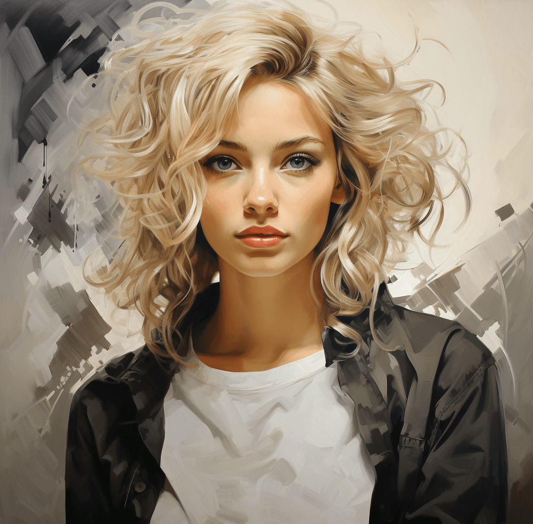 AI generated: a painting of a blonde woman, in the style of ross tran, dmitry spiros, light white and dark gray, d...