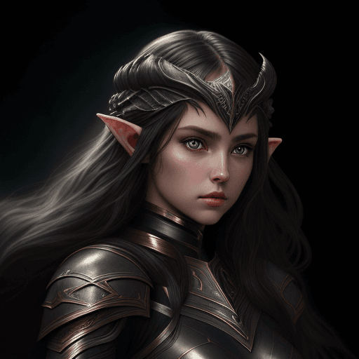 AI generated: girl in black elven armor, dark background, soft glow, hyper-realistic, flowing hair, detailed face,...