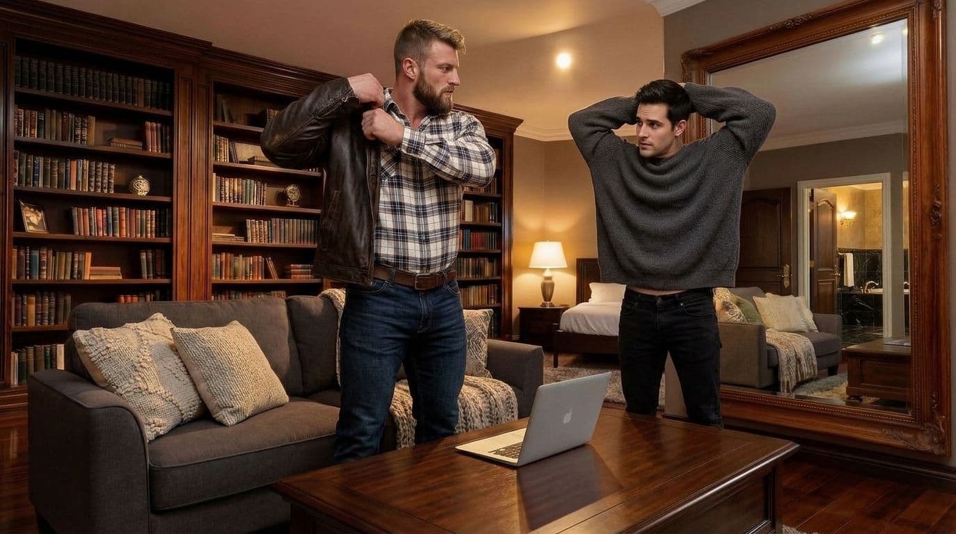 AI generated: The scene is in the bedroom around the couch.

The bodybuilder is standing getting dressed. The body...