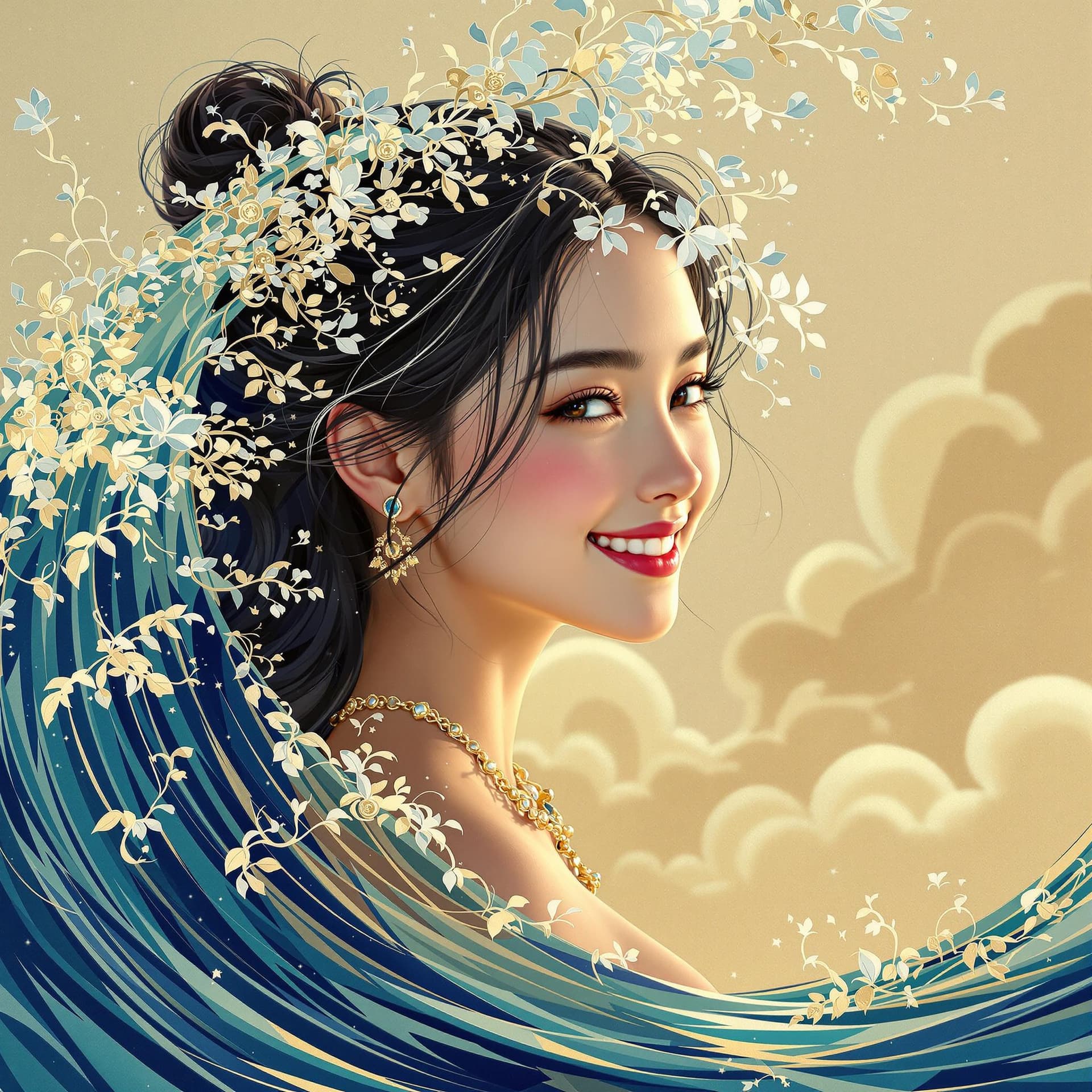 AI generated: a young Asian girl smiling, in the style of reef wave, metalwork jewelry, goa-inspired motifs, eco-f...