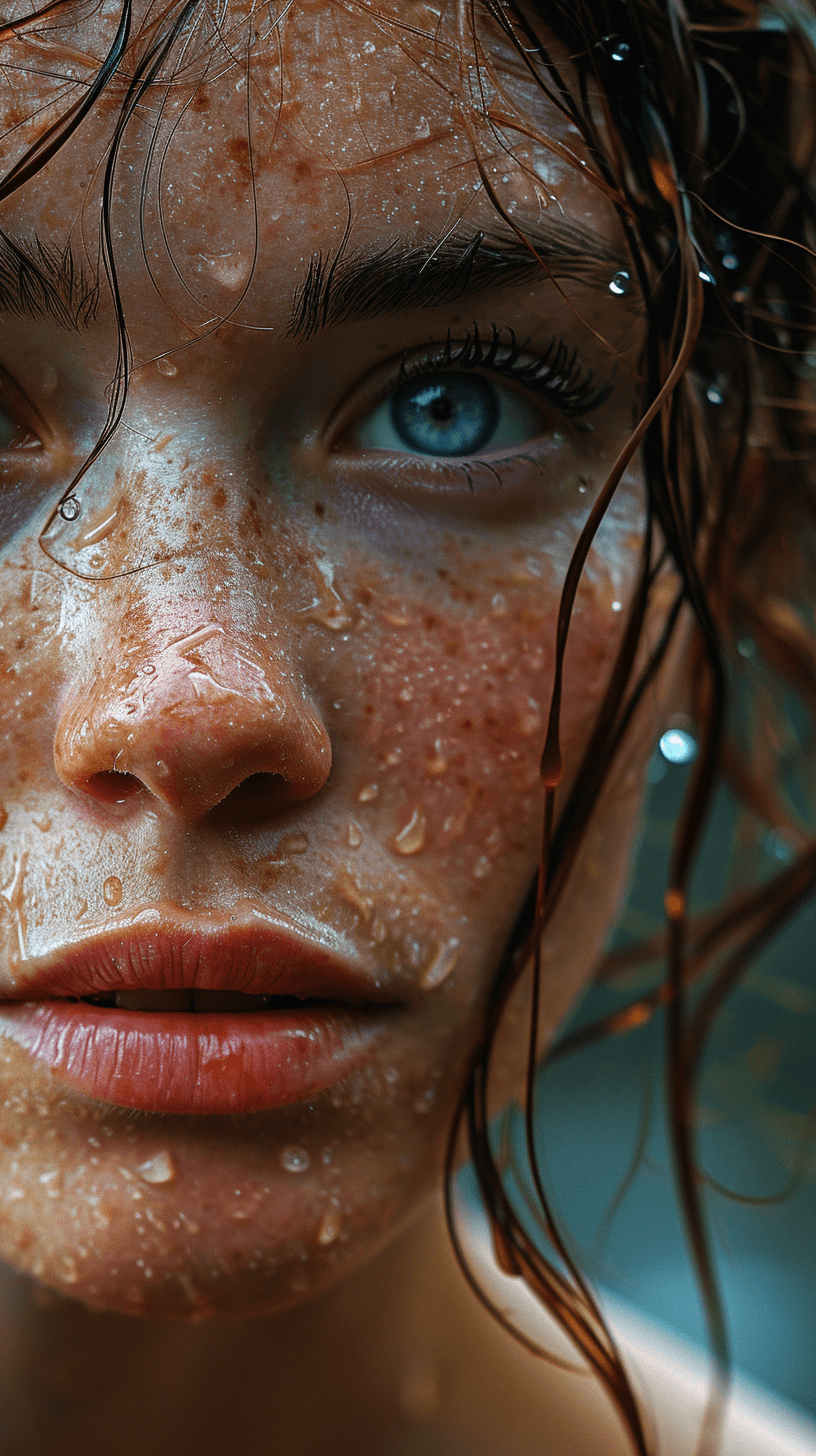 AI generated: the face of woman with beautiful blue eyes, in water, in the style of dystopian realism, realistic p...