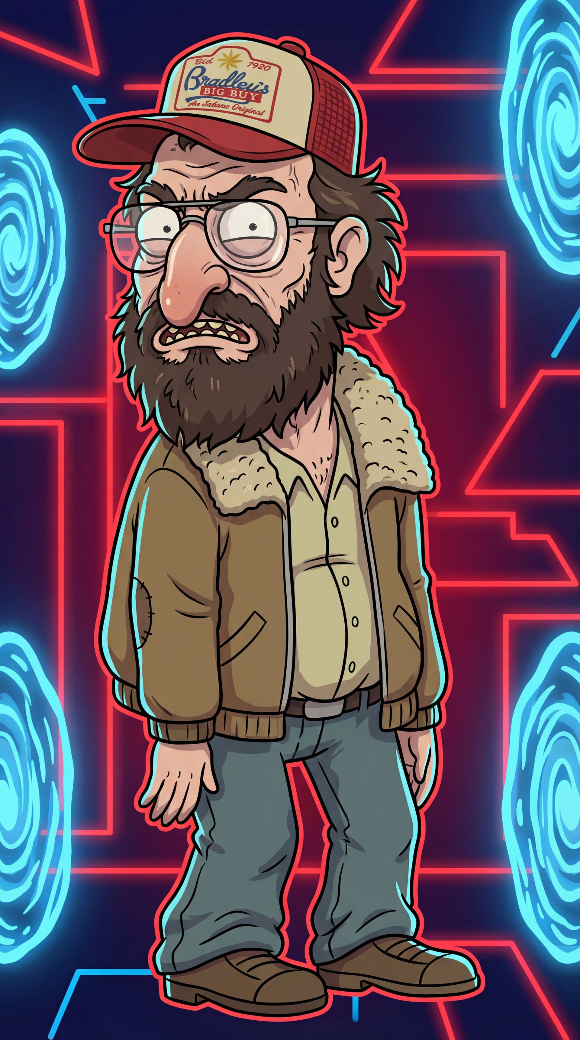 AI generated: Generate full-body Stranger things 
Murray Bauman
 characters in the iconic Rick and Morty animation...