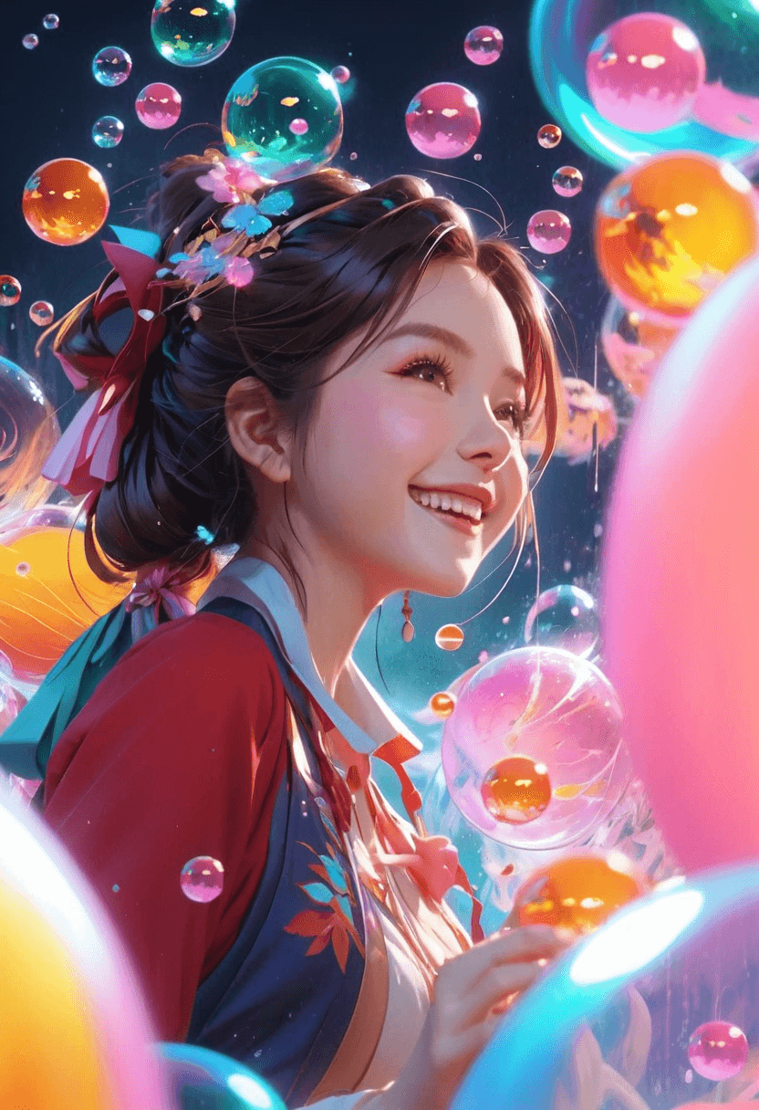 AI generated: a girl, laughing, surrounded by  colorful water bubbles