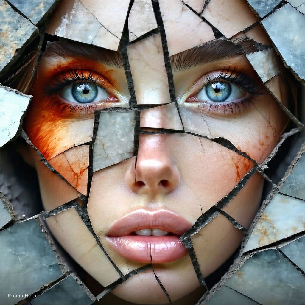 AI generated: A close-up portrait of a woman's face in a mosaic collage style. The woman is facing forward symmetr...