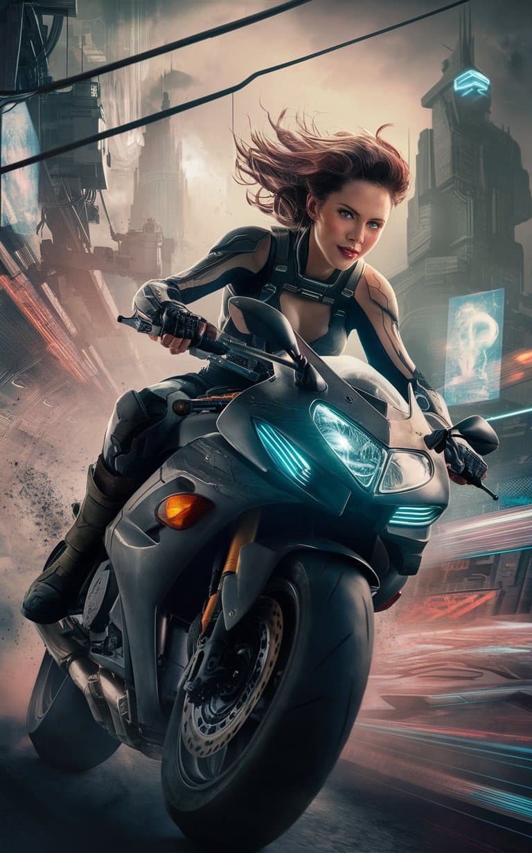 AI generated: toward a chaotic future woman and motorcycle and the future