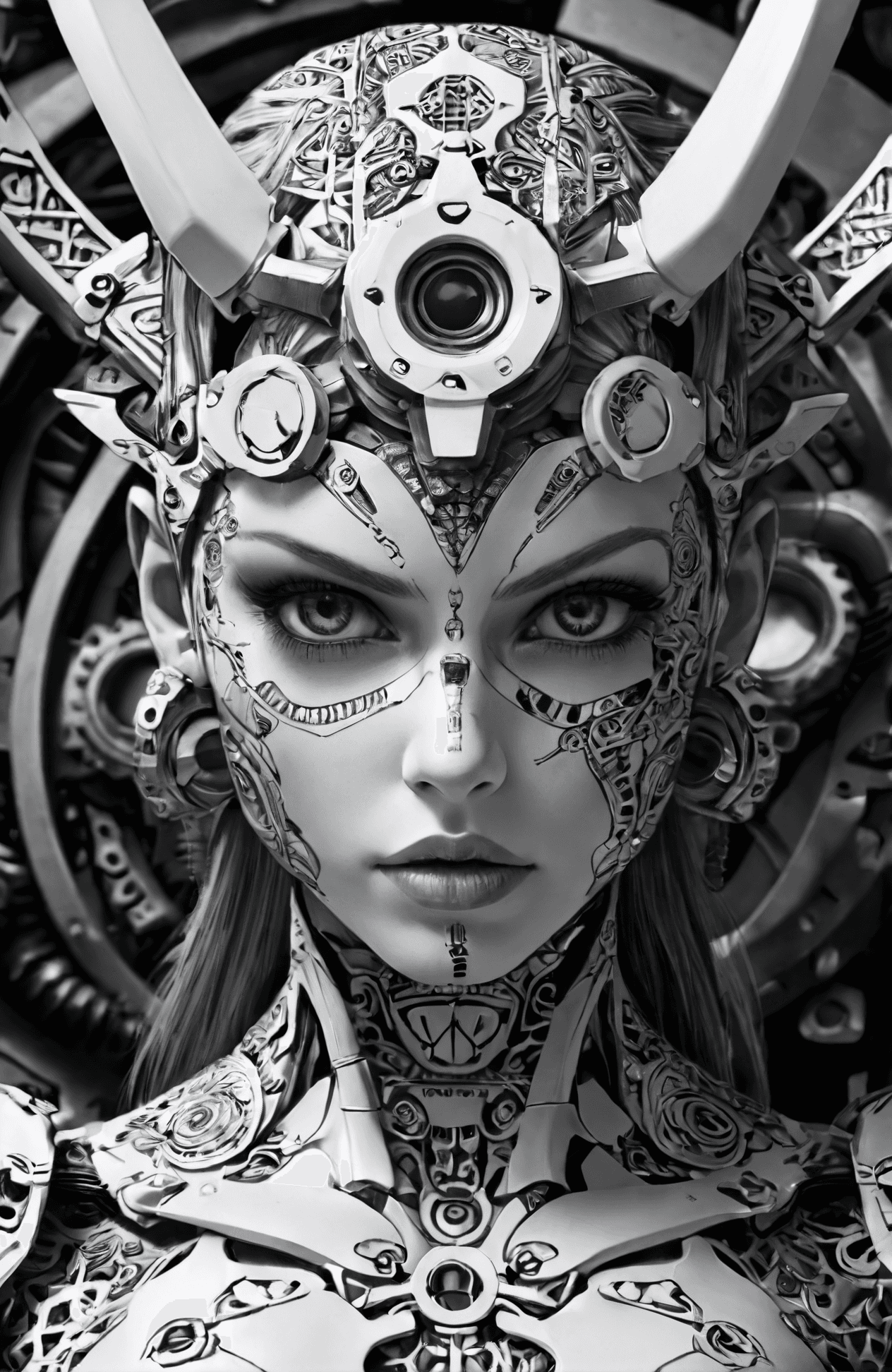 AI generated: Monochrome Zentangle (magazine cover), mechanical angel, mech, highly detailed, metal gear solid art...