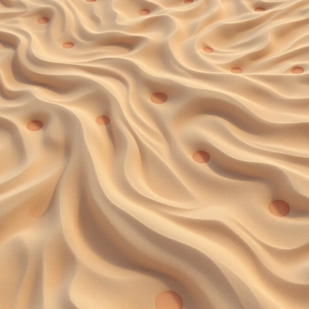 AI generated: sandy texture merging seamlessly with terracotta-red circular tile patterns, emphasizing the soft cu...