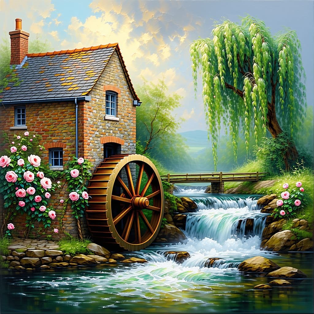 AI generated: impressionist painting on canvas of a closeup of a traditional mill with a waterwheel, fast flowing ...