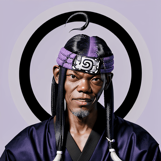 AI generated: Orochimaru from naruto with the face of Samuel L. Jackson smiling. Purple background