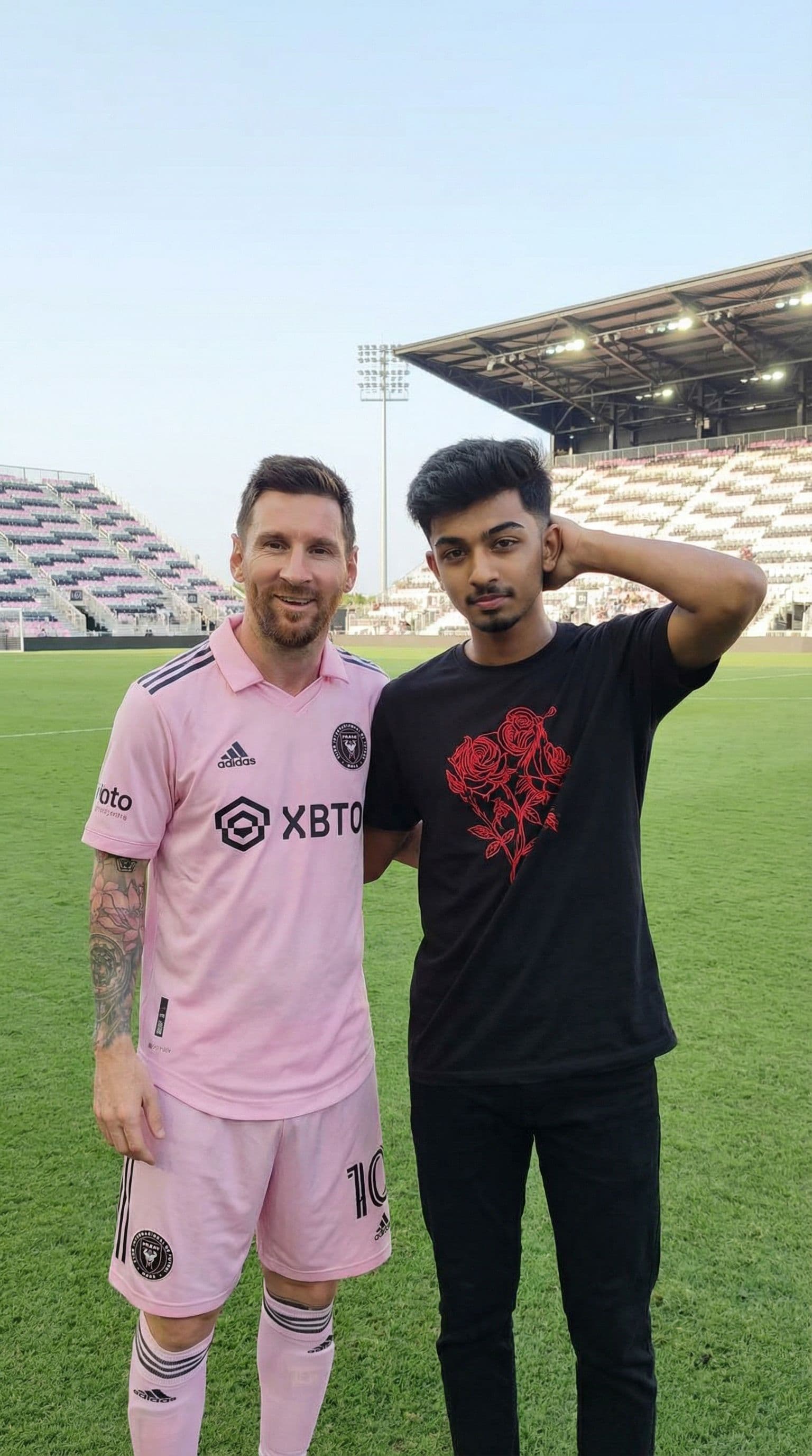 AI generated: Me standing beside messi in football ground 