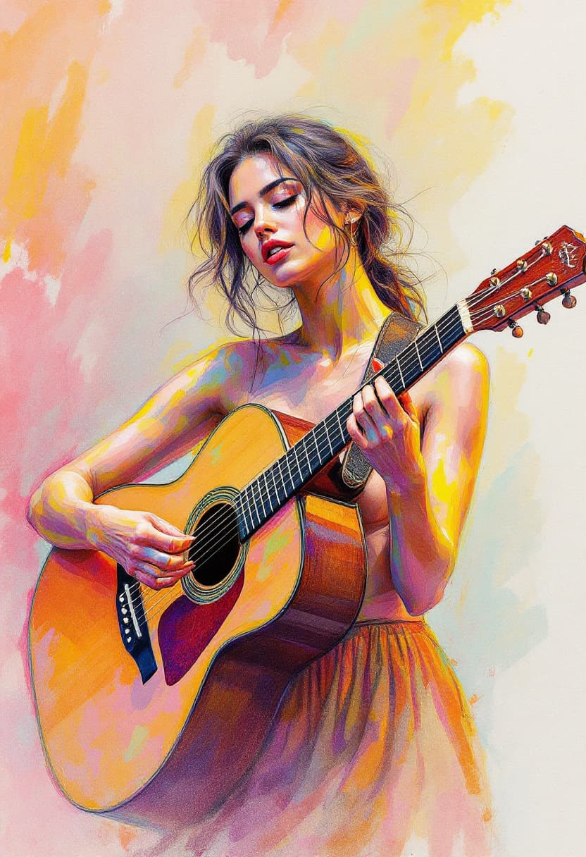 AI generated: Sketch Art, Beautiful Colored Pencil Line, Artistic Brush Strokes, Beautiful, Woman Playing Guitar, ...
