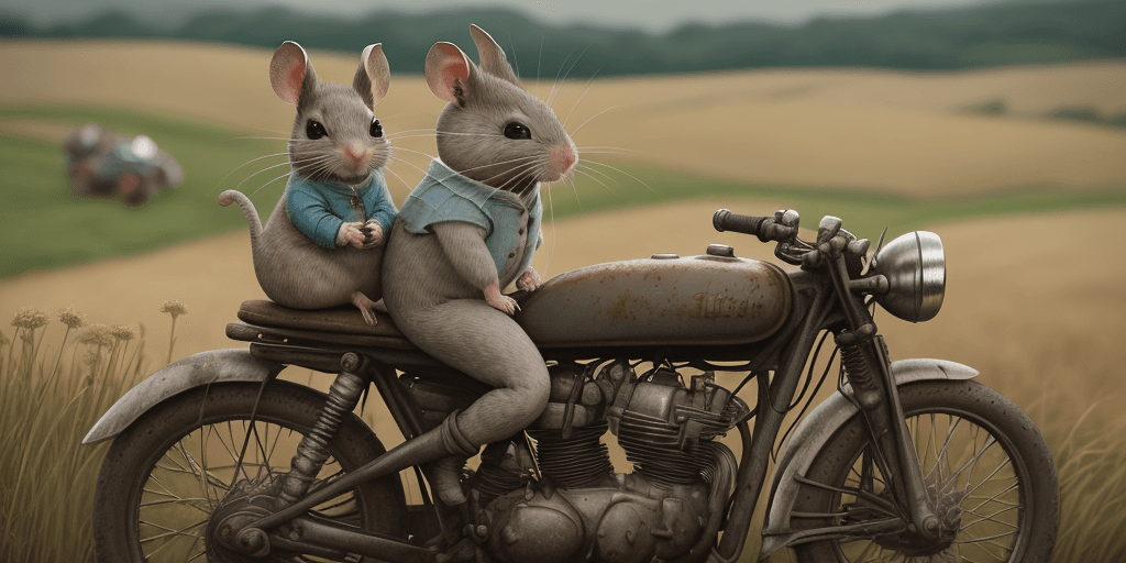 AI generated: cinematic film still award winning photo, style beatrix potter, two cute grey mice, riding one old m...