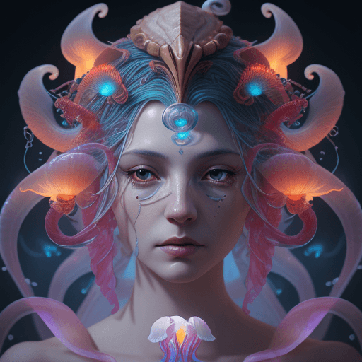 AI generated: Goddess close-up portrait ribcagel. jellyfish phoenix head, nautilus, orchid, skull, betta fish, bio...