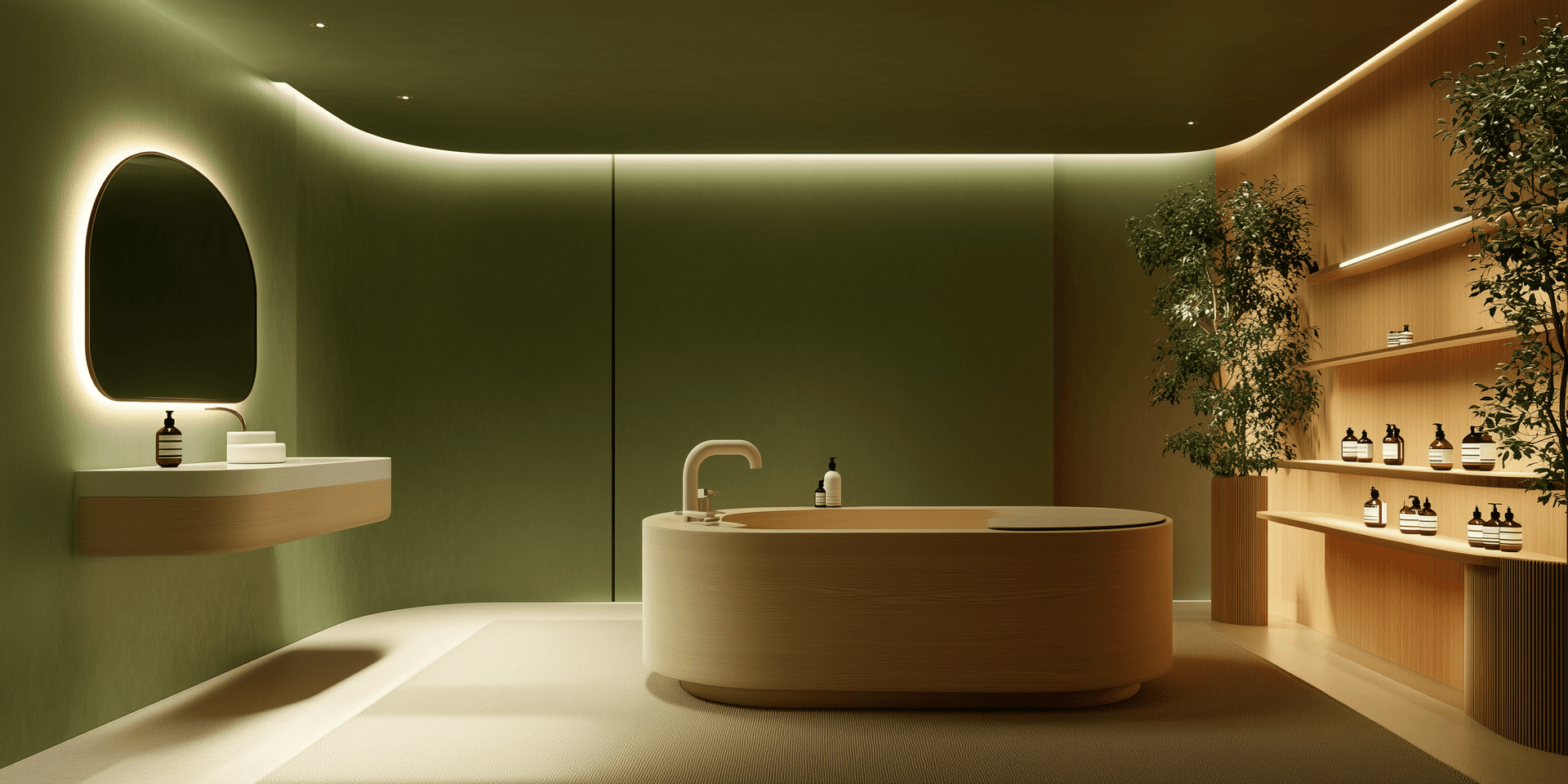 AI generated: Photo, Aesop-branded store design, minimal interior space with warm, low-luminosity indirect lightin...