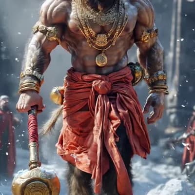 AI generated video: Lord Hanuman walking in swag, muscular 