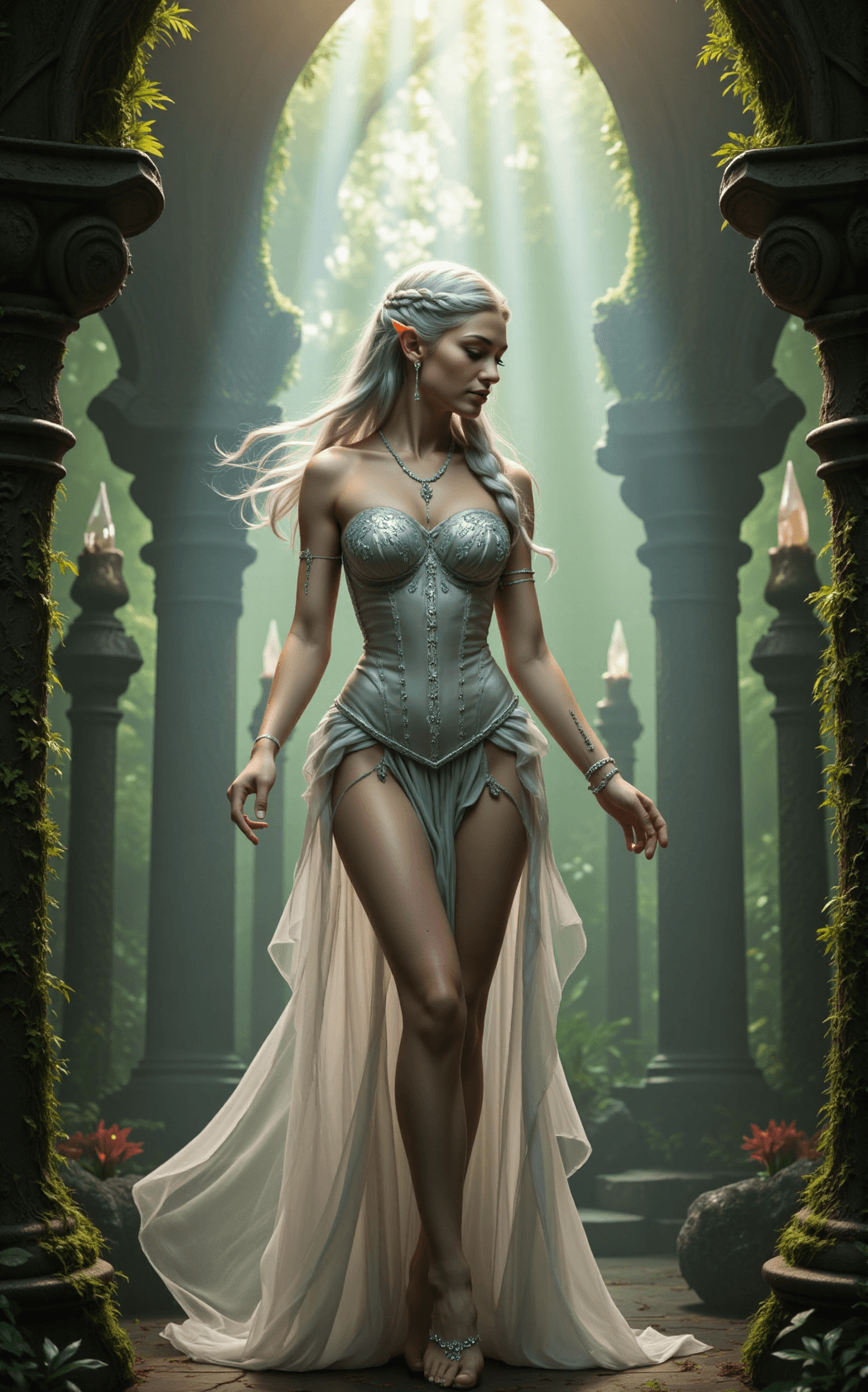 AI generated: An ethereal elf queen with long, flowing silver hair braided intricately at the crown and cascading ...